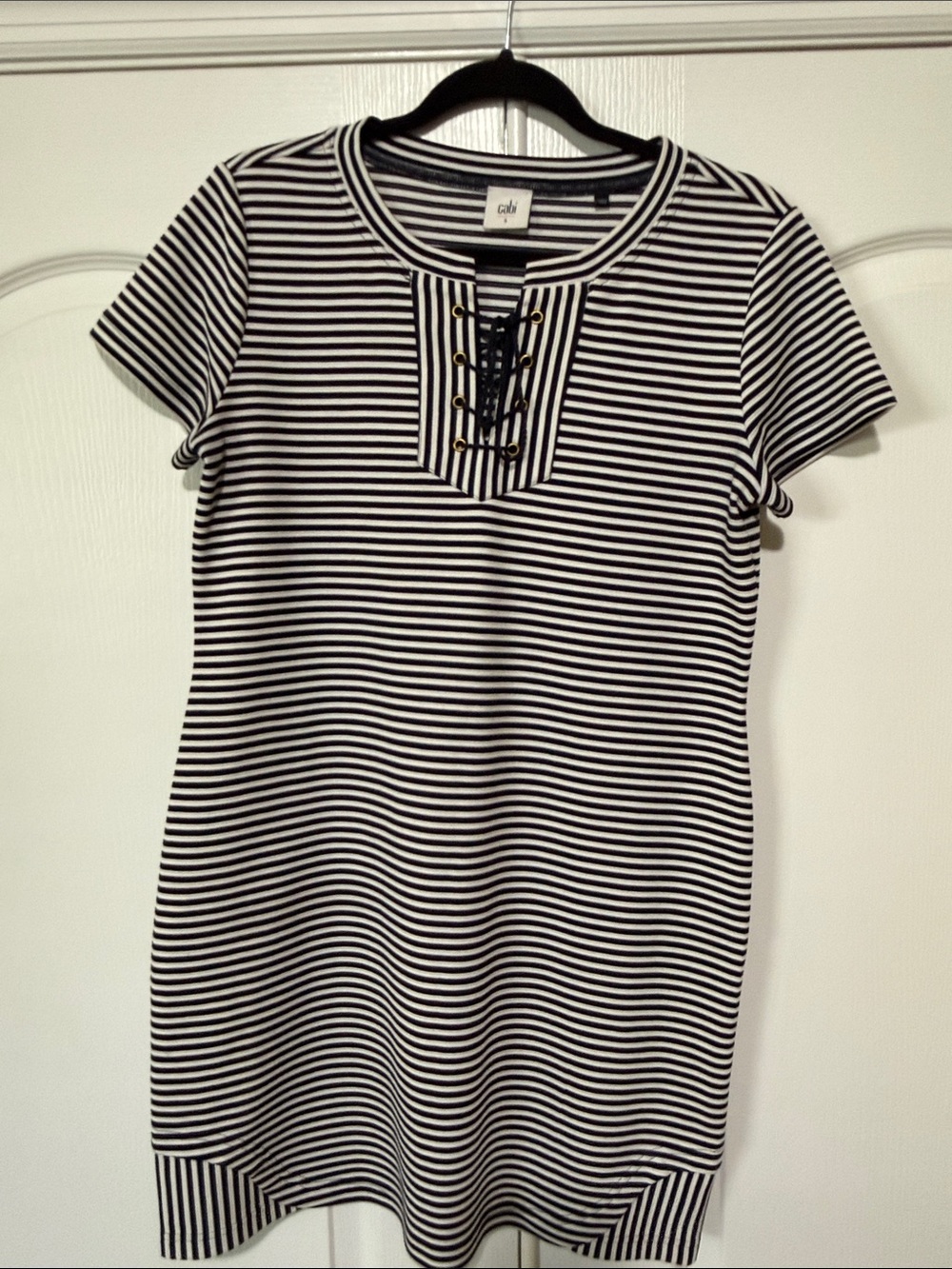 CAbi Black & White Striped Lace-Up Mini Dress